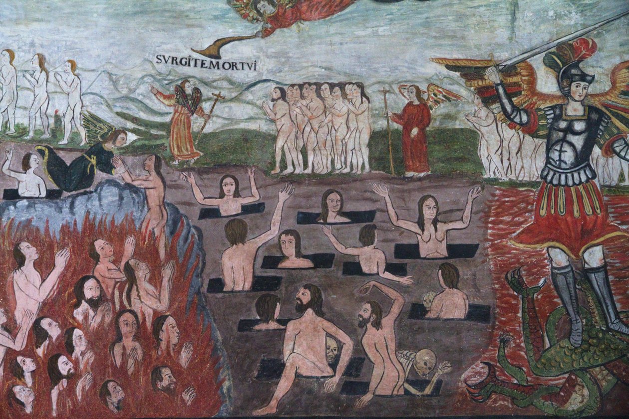 Endelig dom illustrert av fresker i barokk-Mestizo fra 1600-tallet i kirkeskipet Santiago De Curahuara De Carangas, Det sixtinske kapell i Andesfjellene, Curahuara De Carangas, Oruro, Bolivia (pho av Unknown