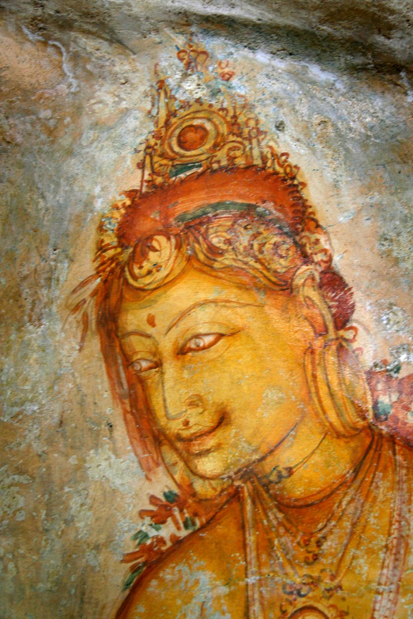 Fresco på veggen av Sigiriya-klippen, i Matale-distriktet på Sri Lanka. Denne 370 meter høye lavahaugen av en eldgammel vulkan er kjent for det befestede palasskomplekset, bygget under kong Kas regjeringstid av Unknown