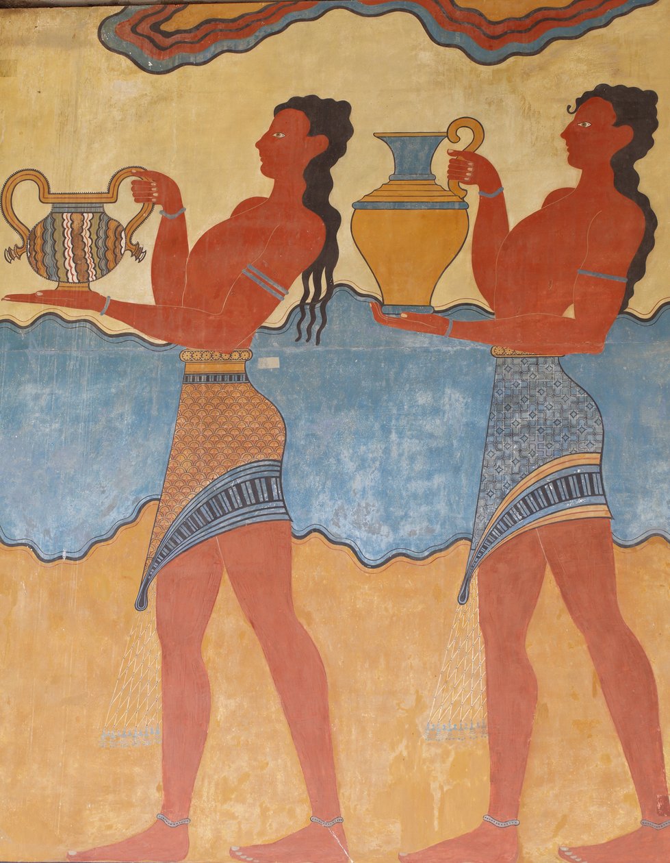 Minoen arkeologiske funnsted i Knossos. Minoen kunst. Figurer av "prosesjonsfresken"" fra palasset på Knossos. Sør inngang. Kopi av et relieff veggmaleri hvor det ble funnet noen få fragmenter. Th av Unknown