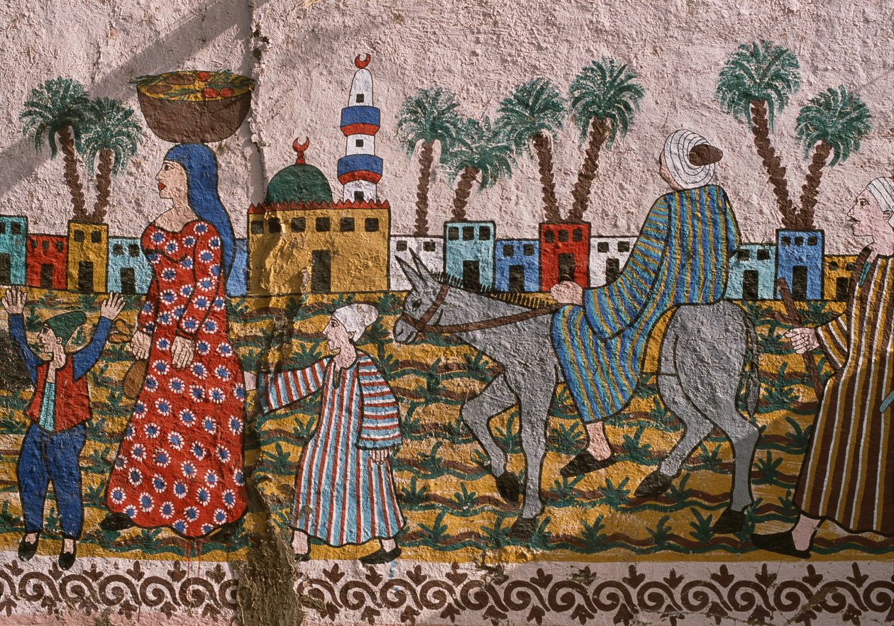 Malt vegg som viser en landsby, Vestbredden, Luxor av Unknown