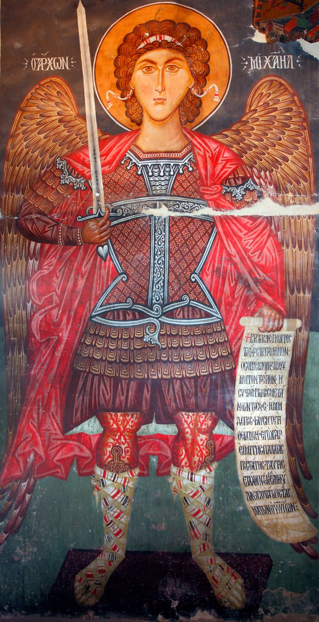 Den bysantinske fresken fra 1400-tallet (detalj) Michael erkeengel Veggmaleri Michael erkeengel kirke i Pedoulas Kypros Malte kirker UNESCO nettsted Troodos, Kypros av Unknown