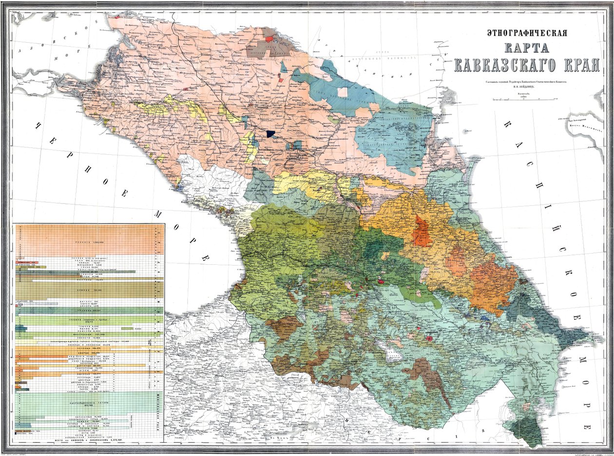 Etnografisk kart over Kaukasus -regionen, 1880 (målestokk: 1: 1080000) av Николай Карлович Зейдлиц