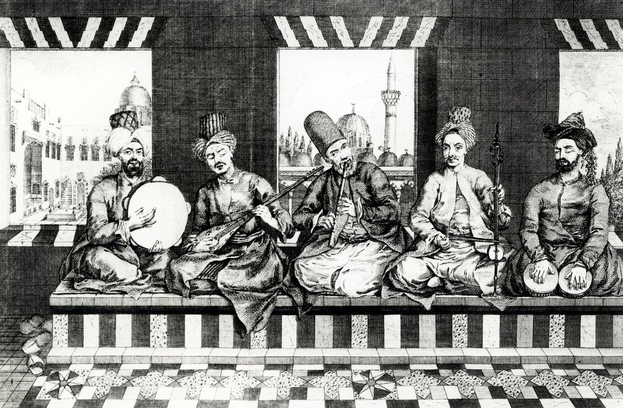 En gruppe orientalske musikere (gravering) (bw-bilde) av English School