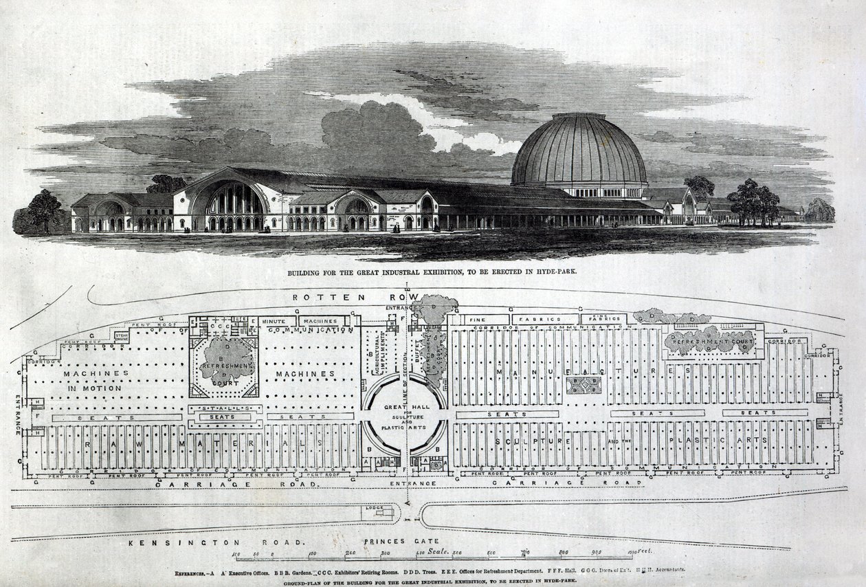 Bygning for den store industriutstillingen, 1850 (gravering) (bw-bilde) av English School