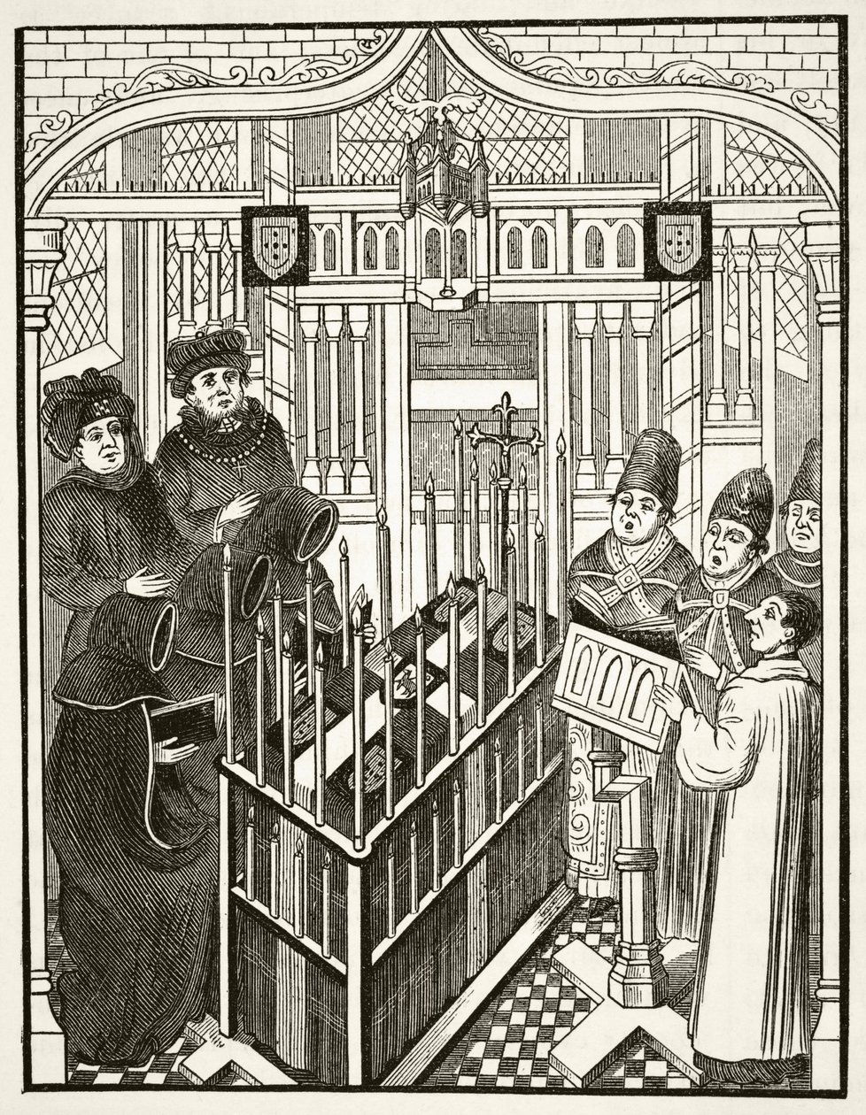 Begravelsesseremoni for en person av betydning på 1400-tallet, fra 'The National and Domestic History of England' av William Hickman Smith Aubrey (1858-1916) publisert London, ca. 1890 av English School