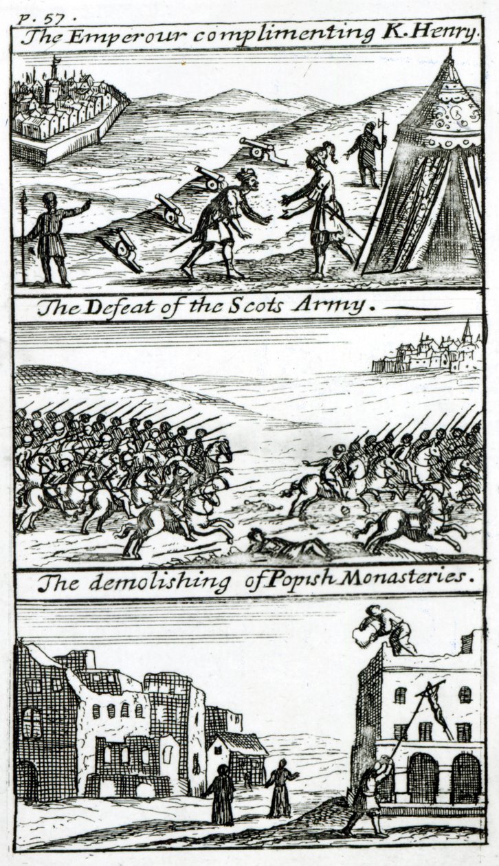Keiseren komplimenterer kong Henry, Nederlaget til den skotske hæren, Demolishing of Popish Monasteries, Keiseren komplimenterer King Henry, The Defeat of the Scot Army, han river Popish M av English School