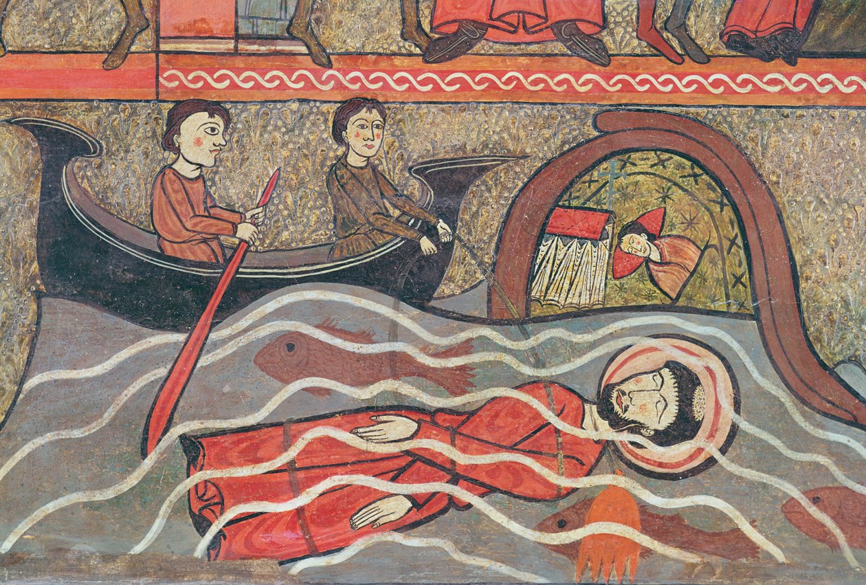 Martyrdom of Saint Clement, detalj fra en alterfrontal med scener fra Saint Clements liv, fra Church of Sant Climent de Taüll, Vall de Boi, Alta Ribagorça, 2. halvdel av 1200-tallet (tempe) av Catalan School