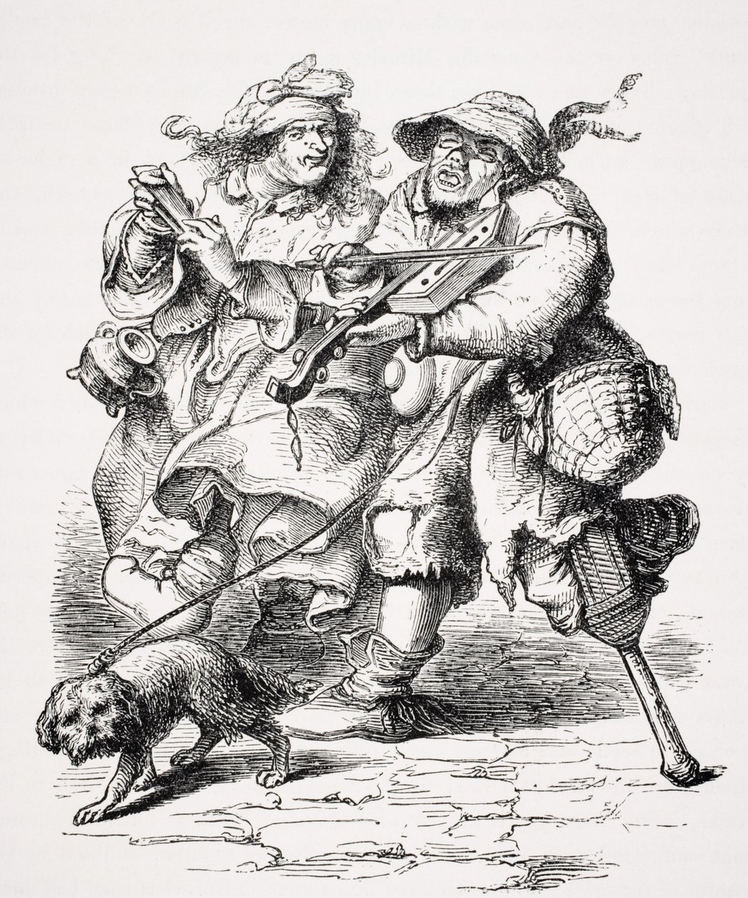 Tigger som spiller fele, hans kone akkompagnerer ham med bein, etter en gravering fra 1600-tallet, fra 'Le Moyen Age et La Renaissance' av Paul Lacroix (1806-84) utgitt 1847 av French School