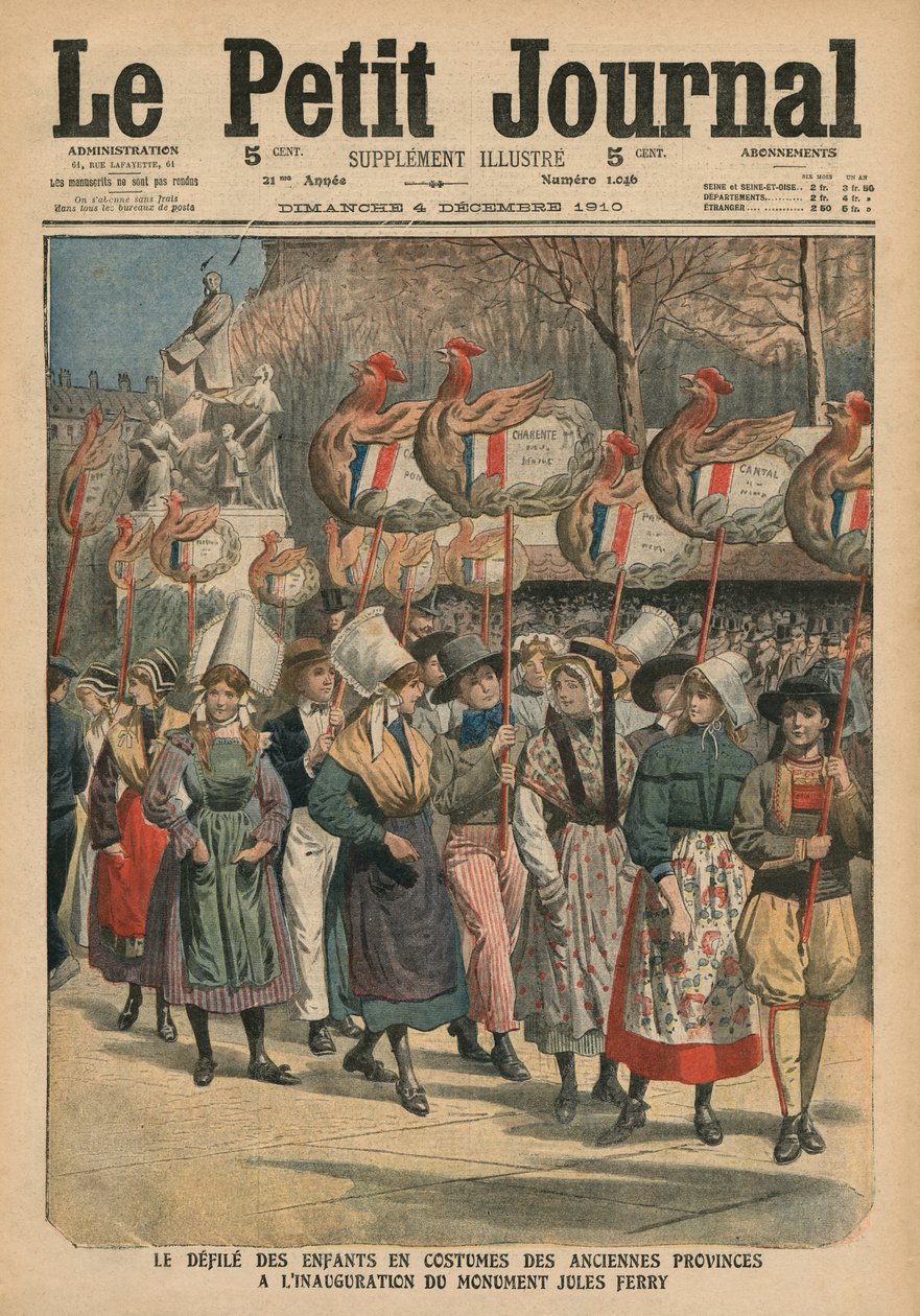 Barn kledd i kostymer fra provinsene som paraderer ved innvielsen av monumentet Jules Ferry, Paris, illustrasjon fra 