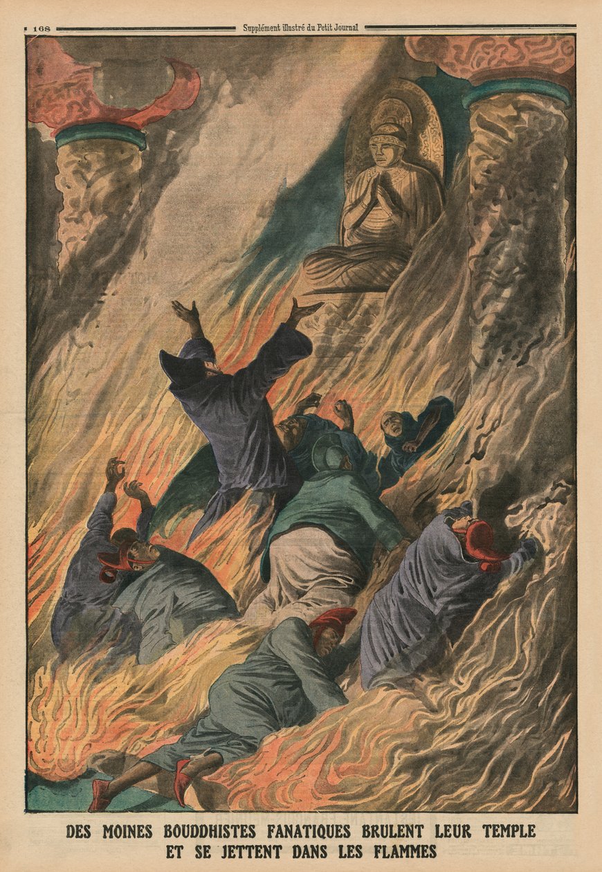 Fanatiske buddhistiske munker setter tempelet i brann og kaster seg inn i flammene, Island of Formosa, baksideillustrasjon fra 