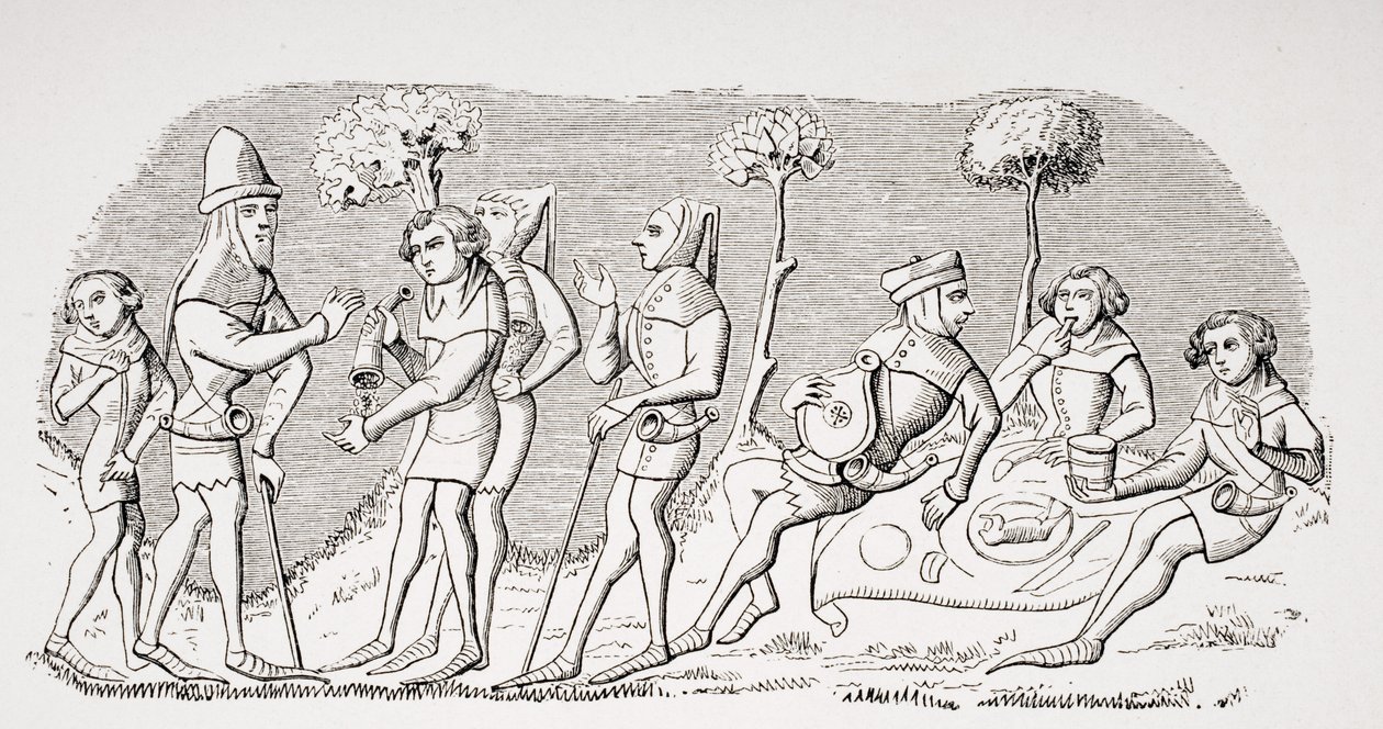 Jaktmåltid, reproduksjon av en miniatuare i manuskriptet Livre de Roy du Modus fra 1300-tallet av Henri de Ferrieres, fra 