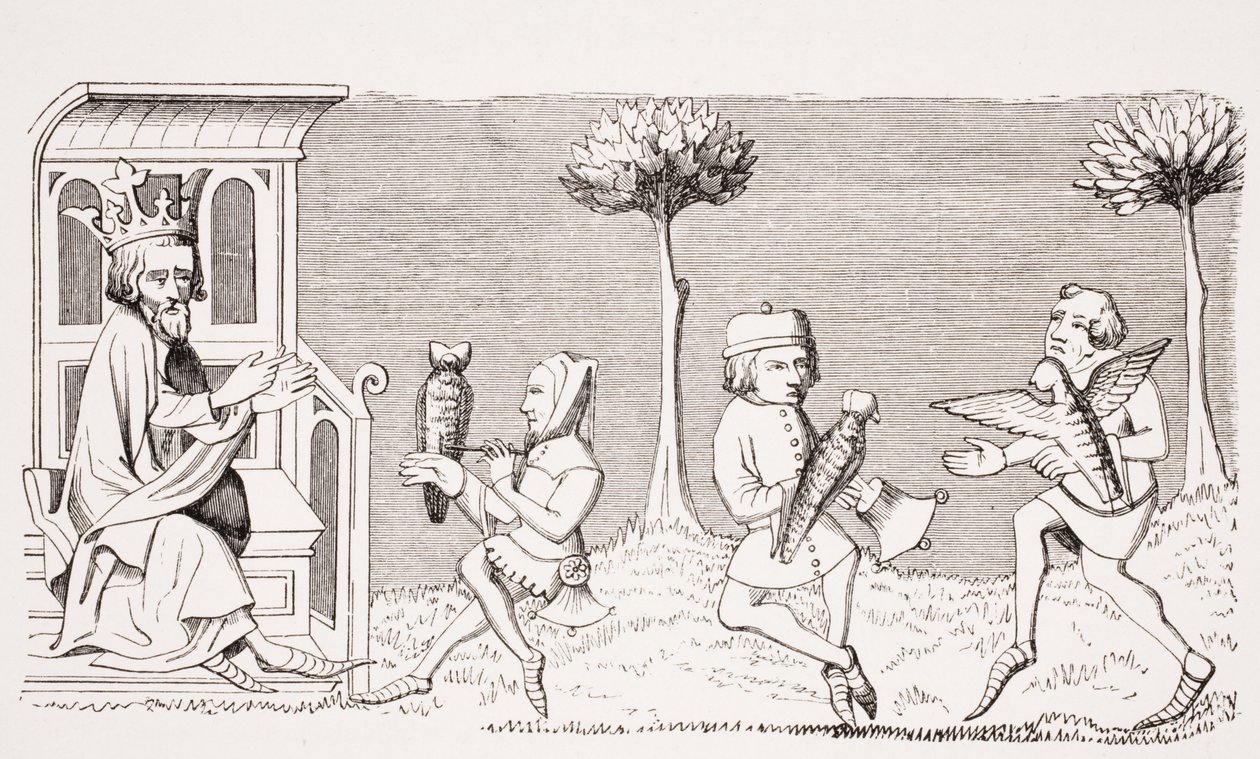 Kong Modus underviser i falkejakt, reproduksjon av en miniatyr i manuskriptet "Livre de Roy du Modus" fra 1300-tallet av Henri de Ferrieres, fra "Le Moyen Age et La Renaissance" av Paul Lacroix av French School