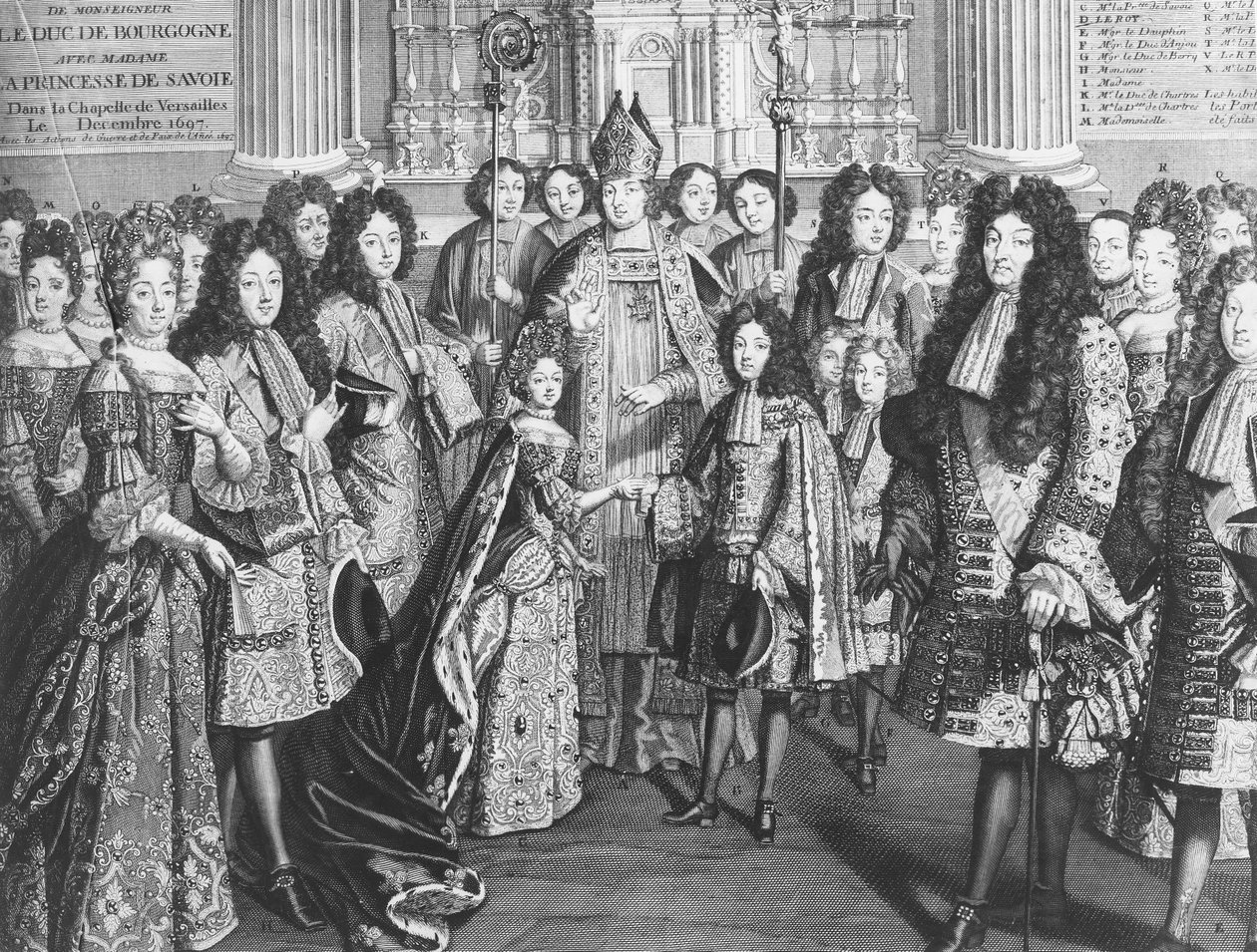 Ekteskap av Louis de France (1682-1712), hertugen av Bourgogne med Marie Adelaide de Savoie (1685-1712) i det kongelige kapellet i Versailles, desember 1694, i nærvær av kong Louis XIV av French School