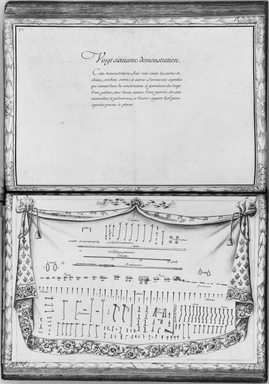 Spiker, kroker, trinser og jernbeslag som trengs for å bygge en bysse, tjuesette demonstrasjon, plate 27, illustrasjon fra 