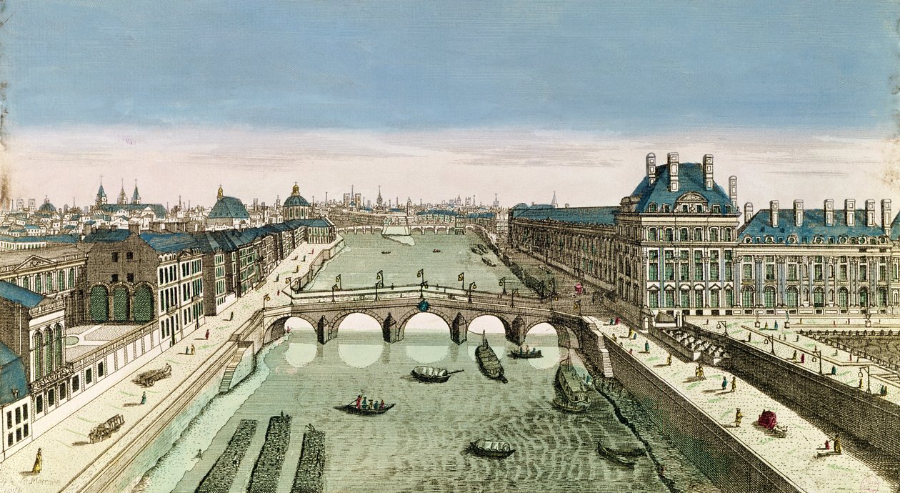 Perspektivutsikt over Paris fra Pont Royal (farget gravering) av French School