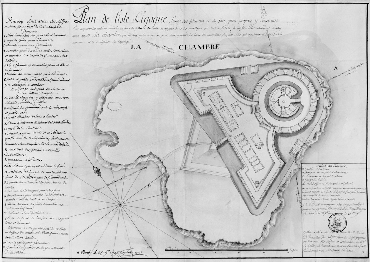 Plan over Ile Cigogne og prosjektet til et fort, Archipel des Glenan, 1745 (blyant og wc på papir) av French School