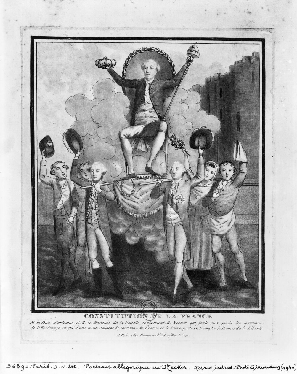 Den franske grunnloven: Allegorisk portrett av Jacques Necker (1732-1804) holdt oppe av Louis Philippe Joseph (1747-93) Duc d
