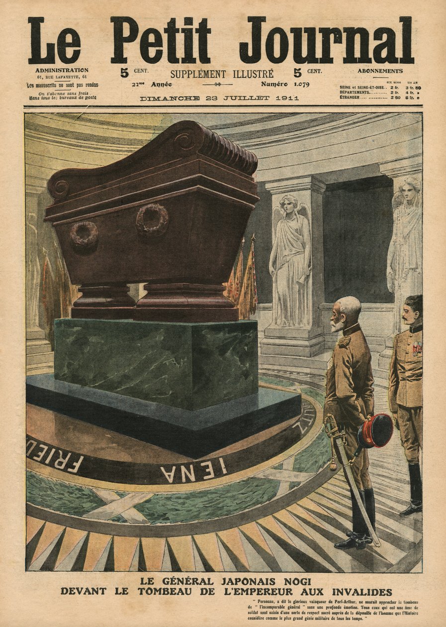 Den japanske general grev Maresuke Nogi foran graven til keiser Napoleon Bonaparte i Les Invalides, Paris, illustrasjon fra 
