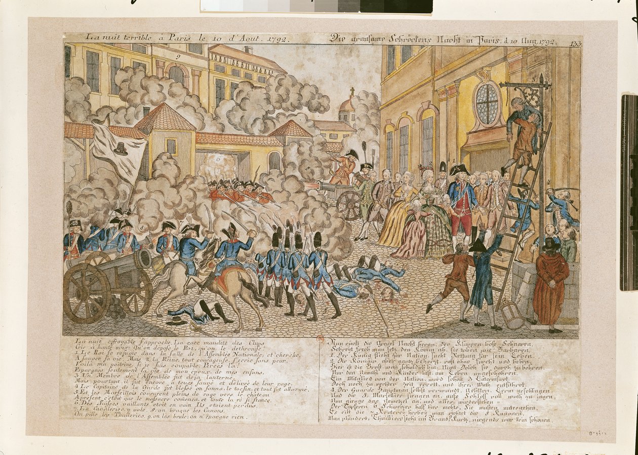 The Terrible Night in Paris, 10. august 1792 (farget gravering) av French School