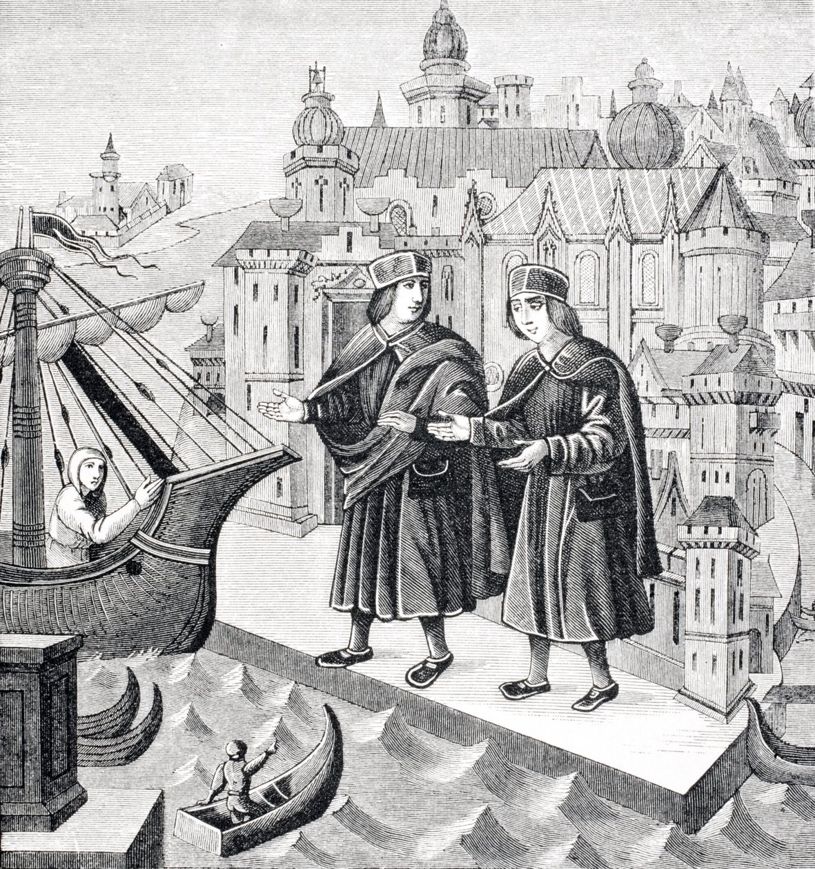 Trade on the Seaports of the Levant, reproduksjon av en miniatyr i manuskriptet fra 1400-tallet, 