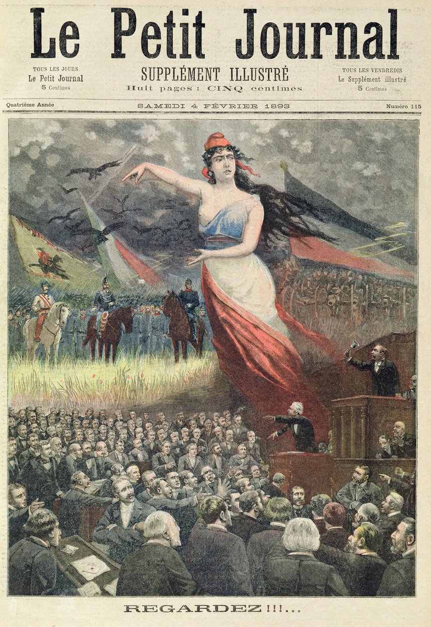 Mens parlamentet er i uro, gjør fiendene til Frankrike seg klare, fra forsiden av det illustrerte tillegget til 'Le Petit Journal', 4. februar 1893 (farge litho) av French School