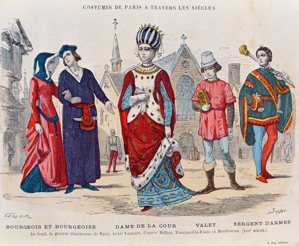 Hofkostymer i Frankrike på 1200-tallet, illustrasjon fra 'Costumes de Paris a travers les siecles' av H. Gourdon de Genouillac, gravert av Stablo (1800-tallet) (fargegravering) av Gerlier