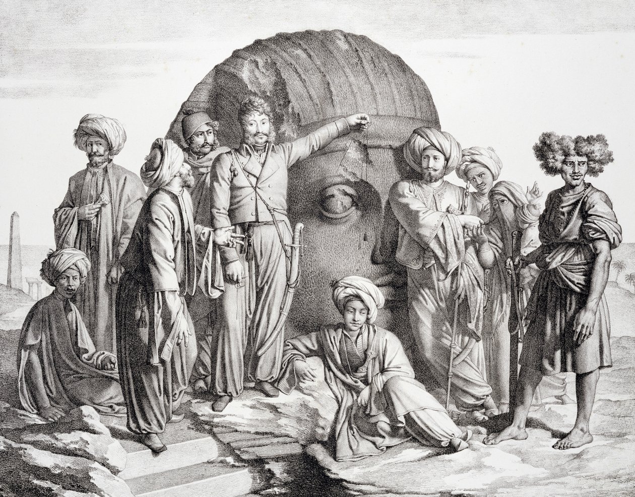 Monsieur Drovetti og hans tilhengere bruker et lodd for å måle et kolossalt hode i den egyptiske ørkenen, gravert av G. Engelmann, fra 