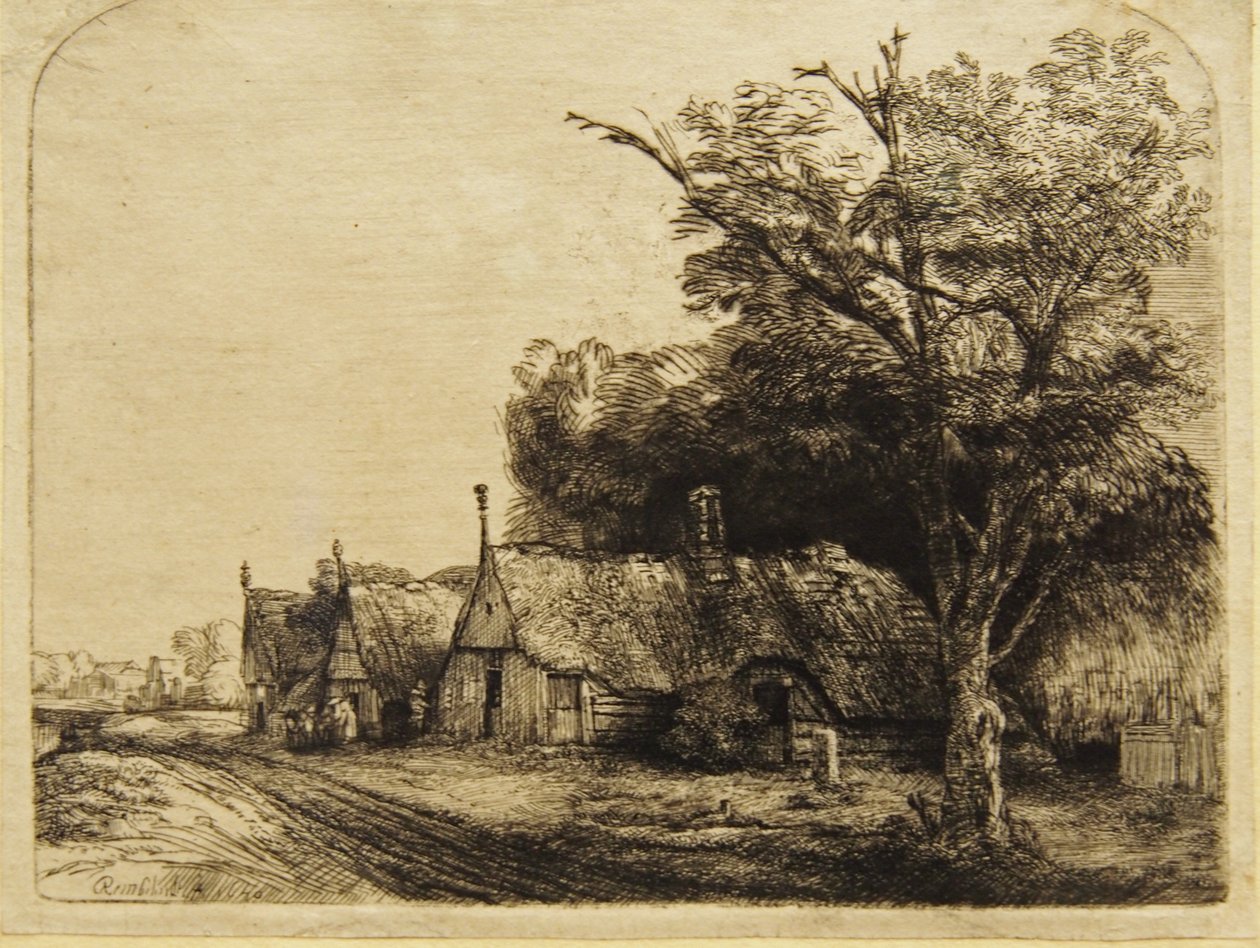Tre våningshus langs en vei av Rembrandt van Rijn