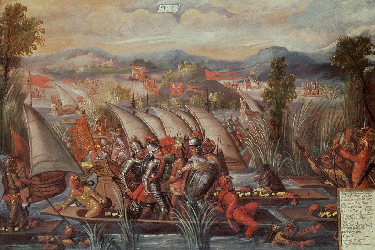 Capture of Guatemoc (ca. 1495-1522), den siste aztekiske keiseren av Mexico (panel nr. 8) av Spanish School
