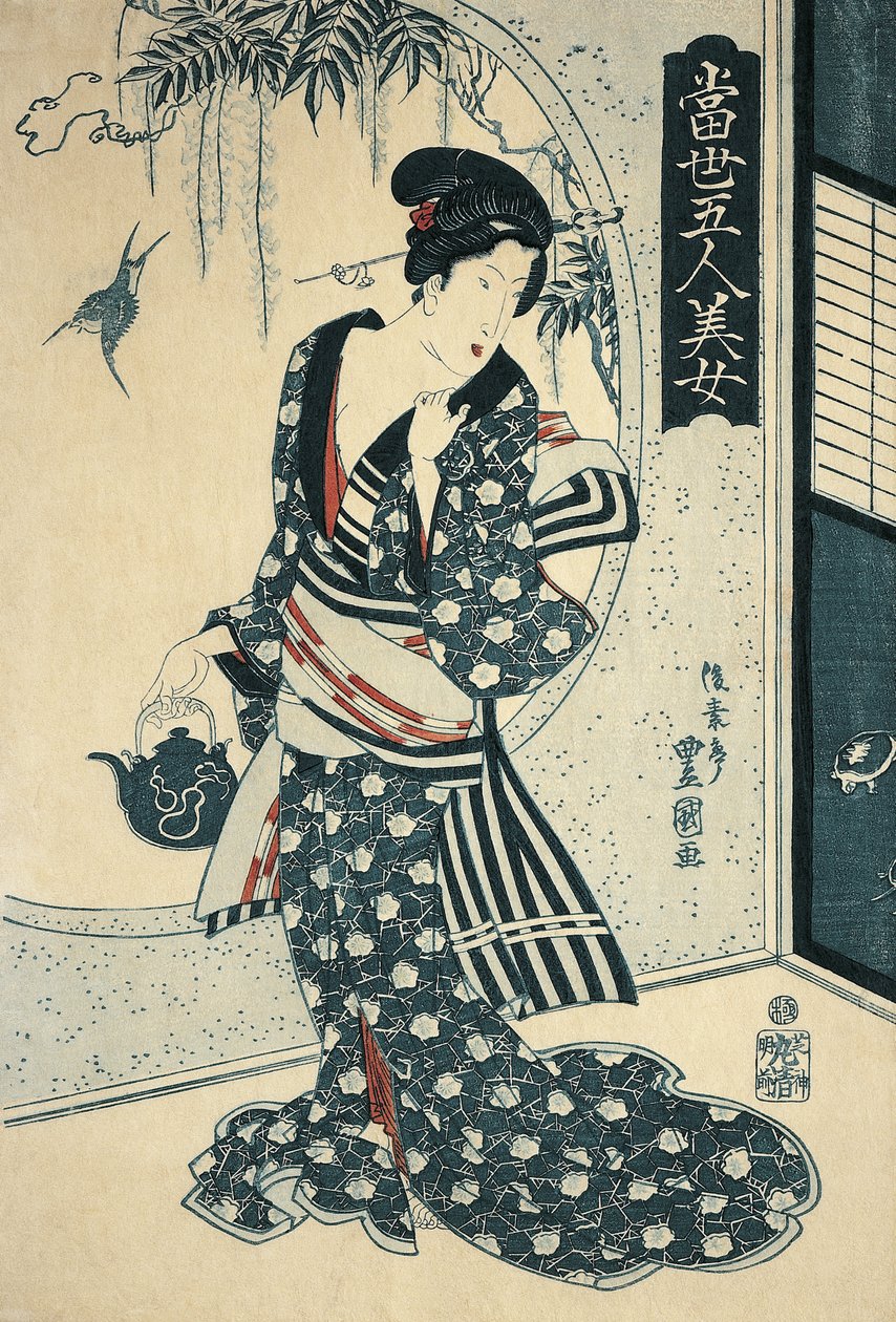 Ung kvinne som holder en tekanne av Toyokuni II