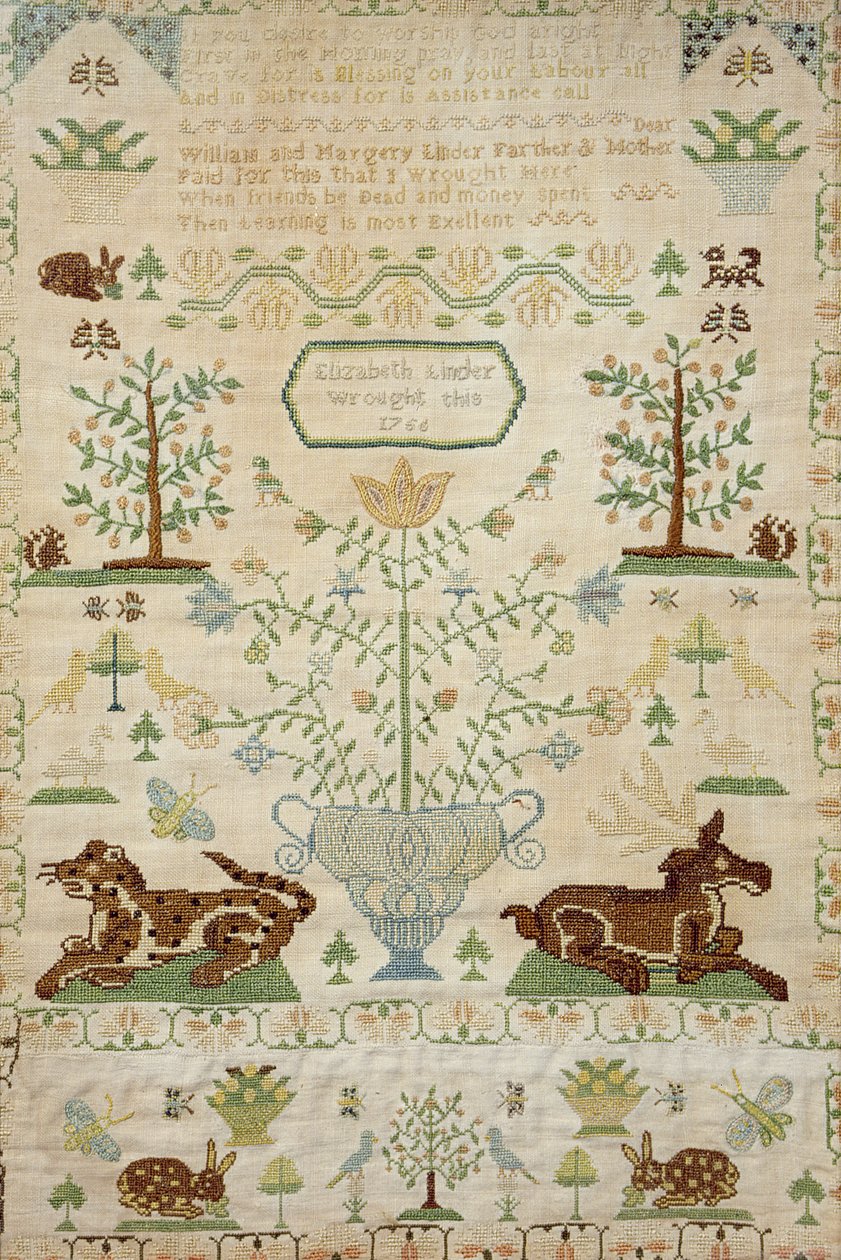 Korsstingprøvetaker med en bønn, utført av Elizabeth Linder, 1756 (silkearbeid) av Unknown