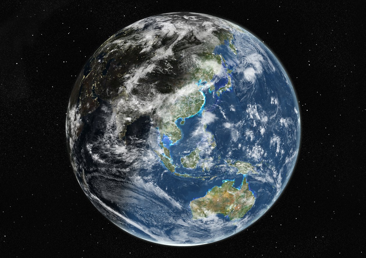 Globus sentrert på Asia og Oseania, ekte farge satellittbilde av Unknown