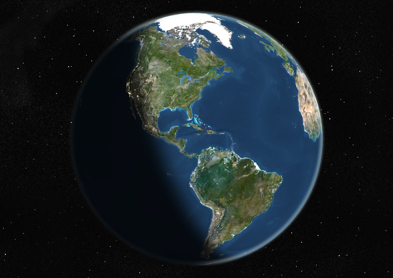 Globus sentrert på Amerika, ekte fargesatellittbilde av Unknown