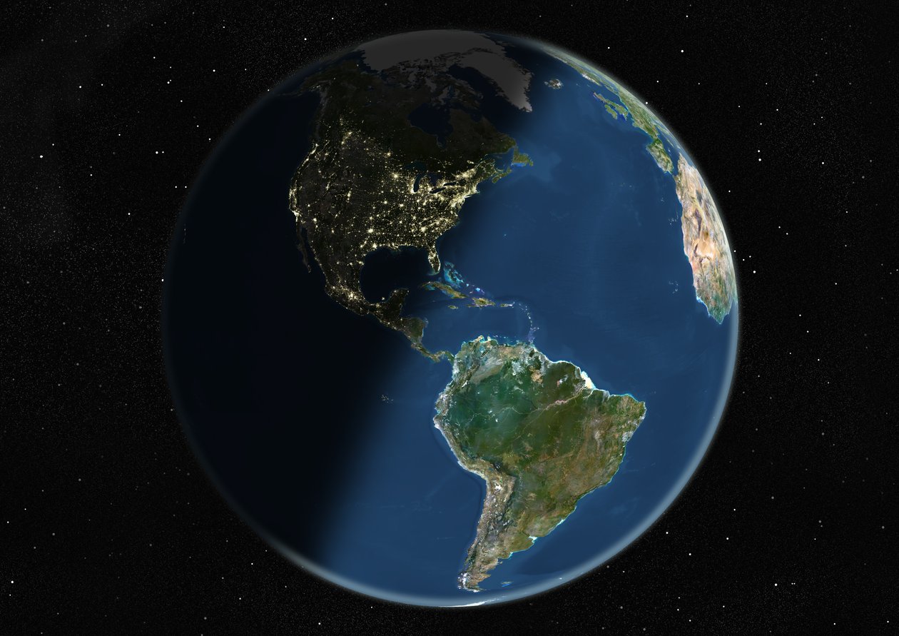Globus sentrert på Amerika, ekte fargesatellittbilde av Unknown