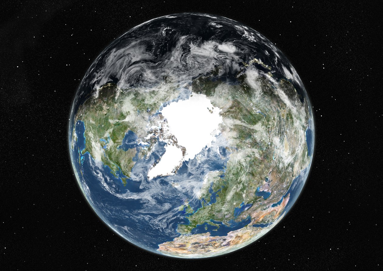 Globus sentrert på Nordpolen, ekte farge satellittbilde av Unknown