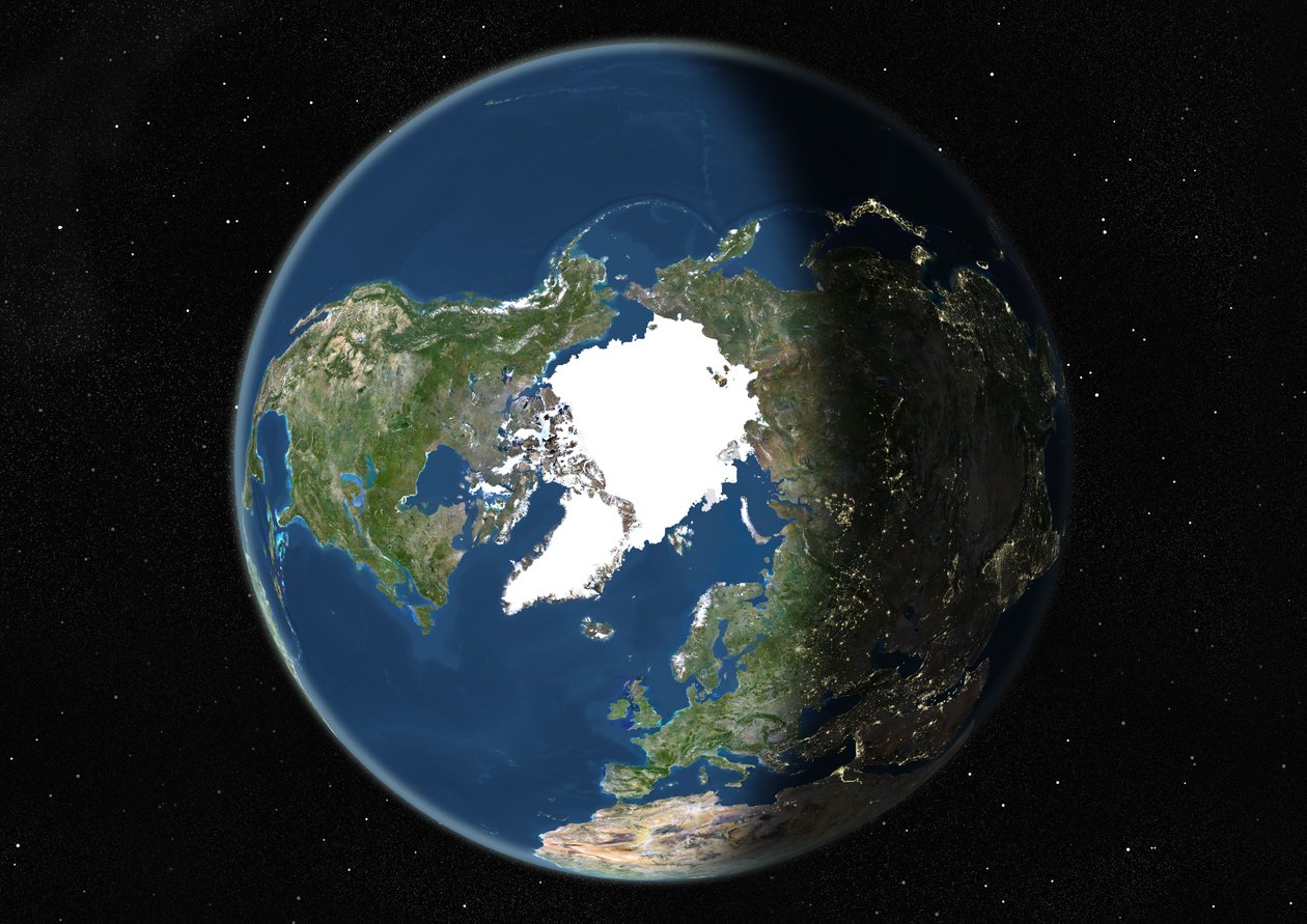 Globus sentrert på Nordpolen, ekte farge satellittbilde av Unknown