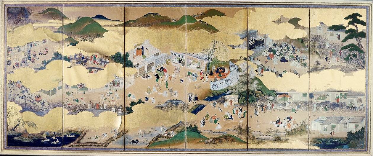 Scener av urbant liv under Bakufu, Tosa-skolen, 1800 (fra en seksdobbel skjerm), (for detaljer se 67713), (treblokktrykk i farger) av Unknown