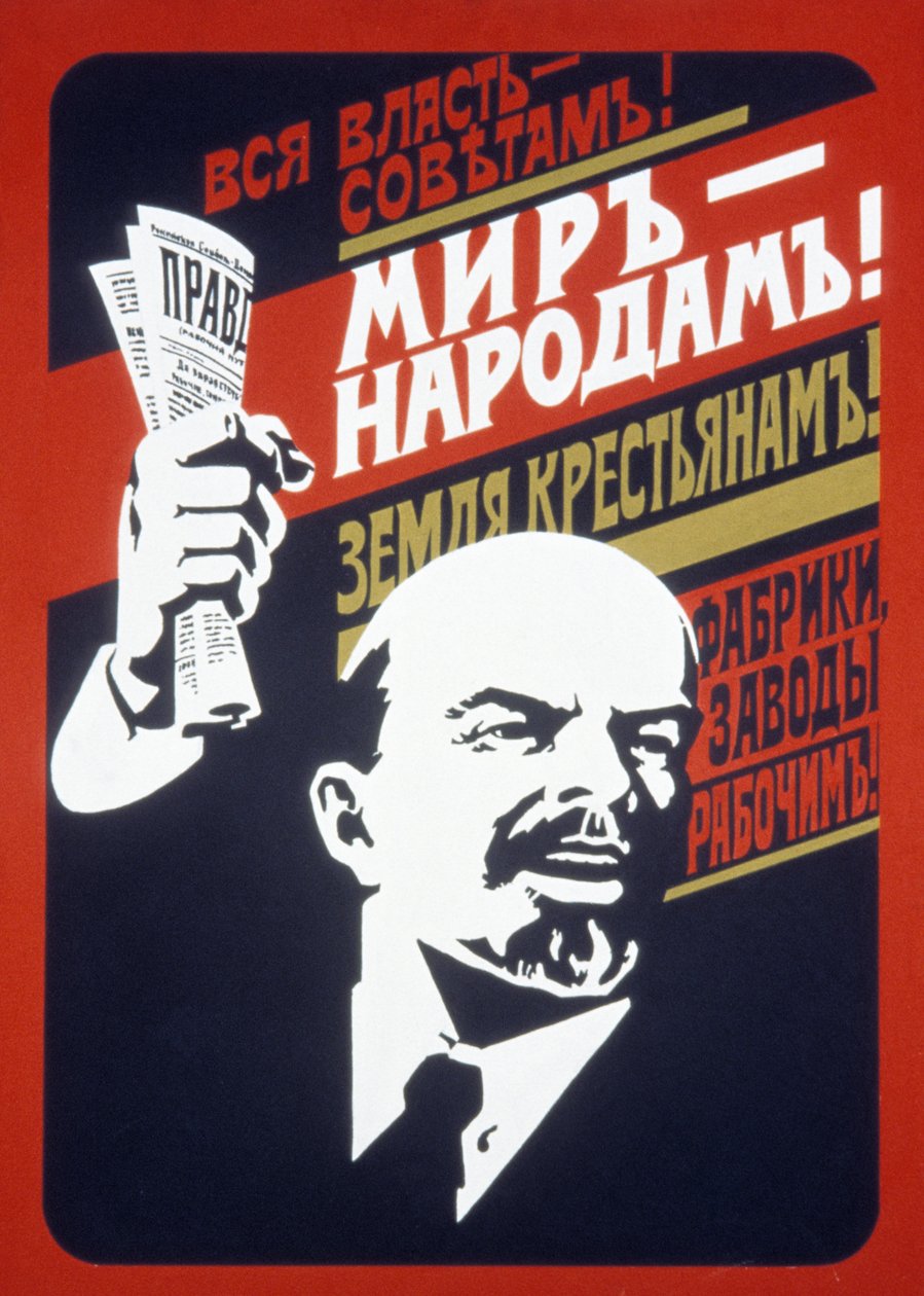 Sovjetisk propagandaplakat fra 1920-tallet, All makt til sovjeterne! Fred til folket! Land til bøndene! Fabrikker og møller til arbeiderne!. av Unknown