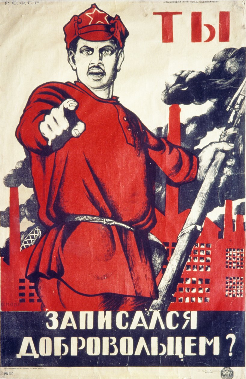 Sovjetisk rekrutteringsplakat fra den russiske revolusjonens tid, du! har du registrert deg hos de frivillige?. av Unknown