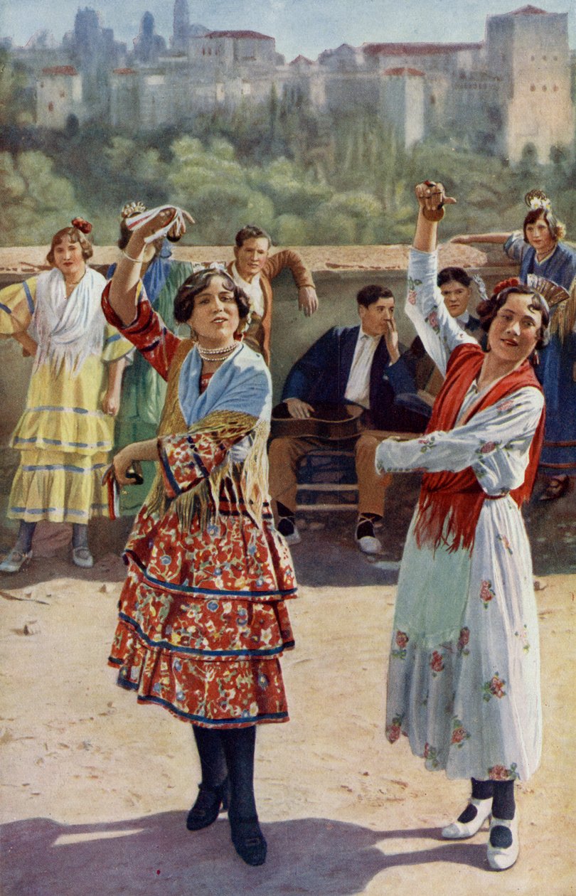 Spania. Sammenstøtende kastanjetter og knallende gitarer akkompagnerer de rytmiske dansene til de unge sigøynerjentene i Granada. 1920 av Unknown