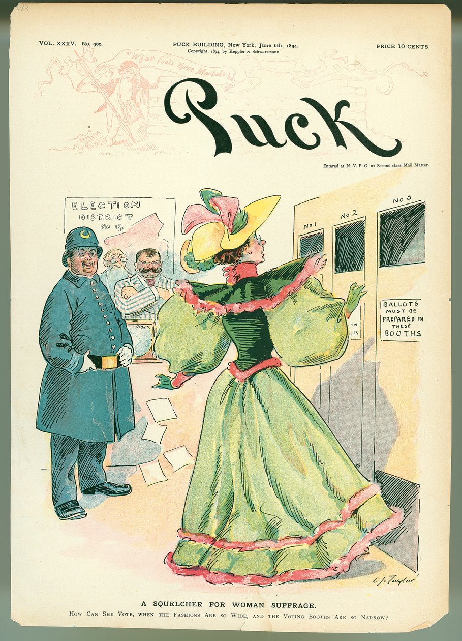A Squelcher for Woman Suffrage, Puck magazine cover illustrasjon, 6. juni 1894 av American School