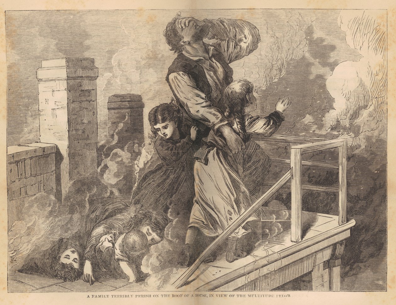 En familie fanget på taket av et hus under Chicago-brannen i 1871, fra Great Fires in Chicago and the West av pastor E. J. Goodspeed, ca. 1871 (tregravering) av American School
