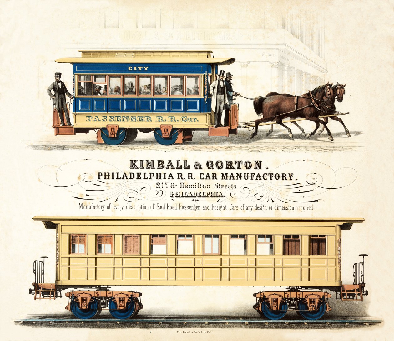 Annonse for Kimball & Gorton, Philadelphia R.R. Car Manufactory, publisert ca. 1857 av American School