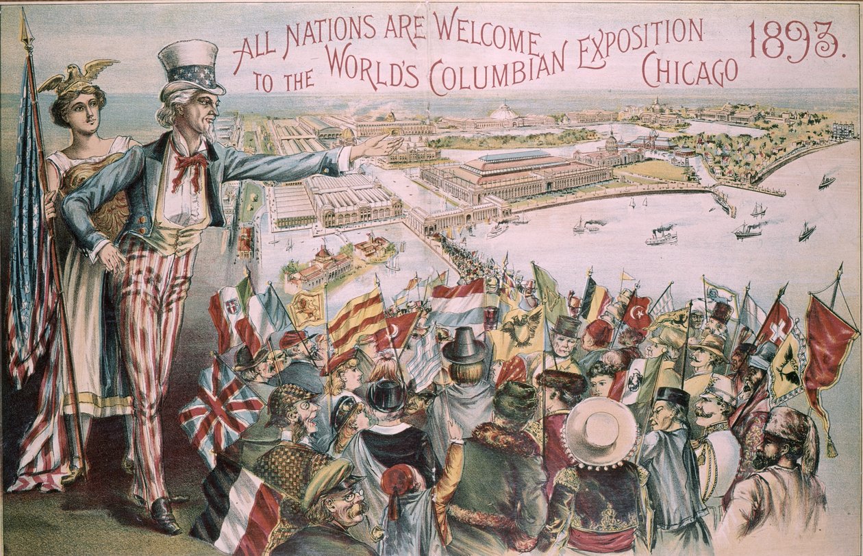 Annonse for verdensmessen for verdens Columbian Exposition, Chicago, Illinois, 1893 av American School