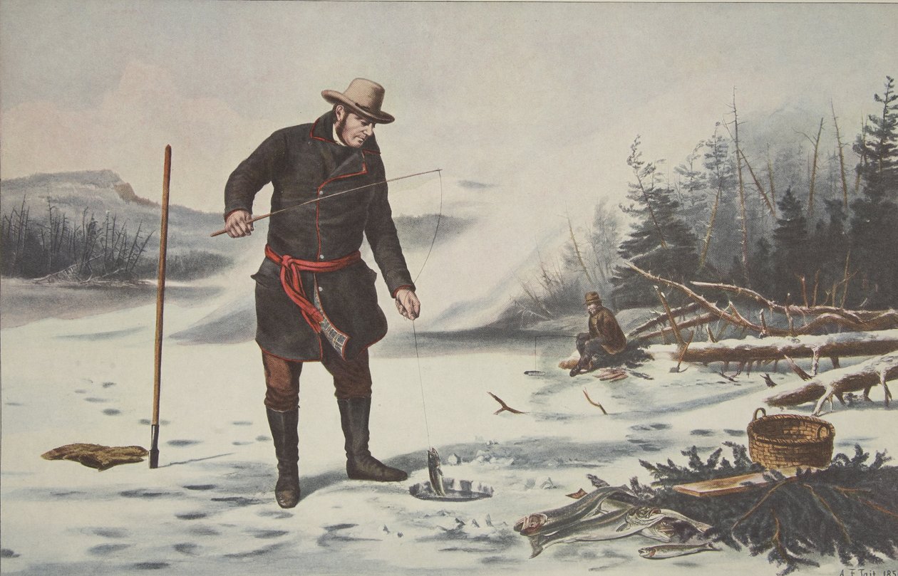 Amerikansk vintersport - ørretfiske på Chateaugay Lake (Franklin County N.Y.), pub. 1856, Currier & Ives av American School