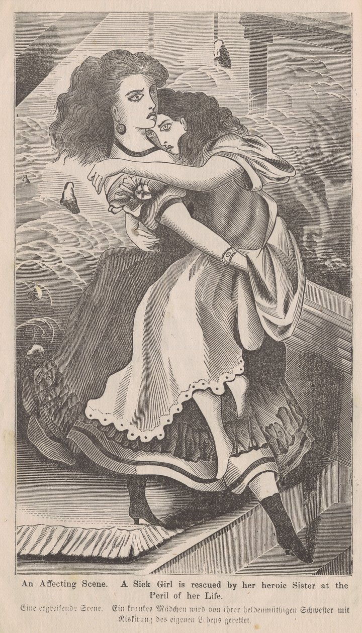 En påvirkende scene, illustrasjon av en kvinne som reddet søsteren sin under Chicago-brannen i 1871, fra George L. Barclays bok, The Great Fire of Chicago, 1872 (tregravering) av American School