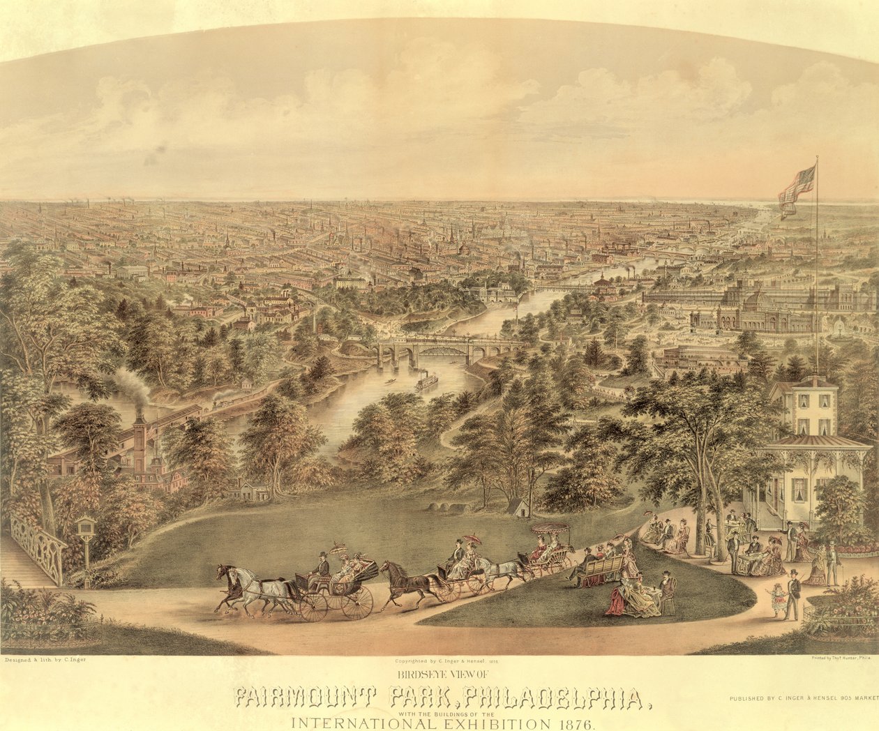Fugleperspektiv av Fairmount Park, Philadelphia, 1876 av American School