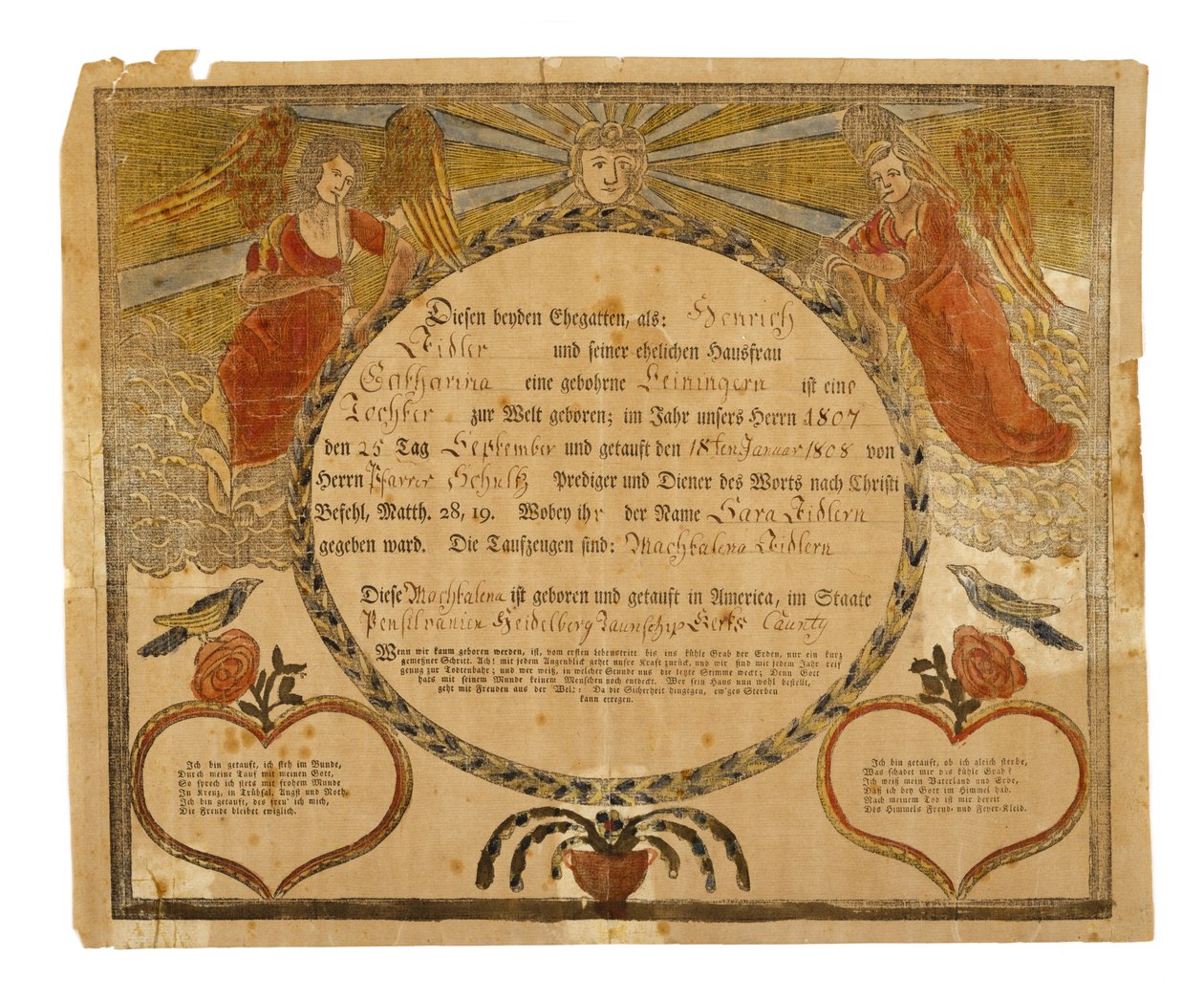Fødsels- og dåpsattest, ca. 1815 (håndfarget tregravering på lagt papir) av American School
