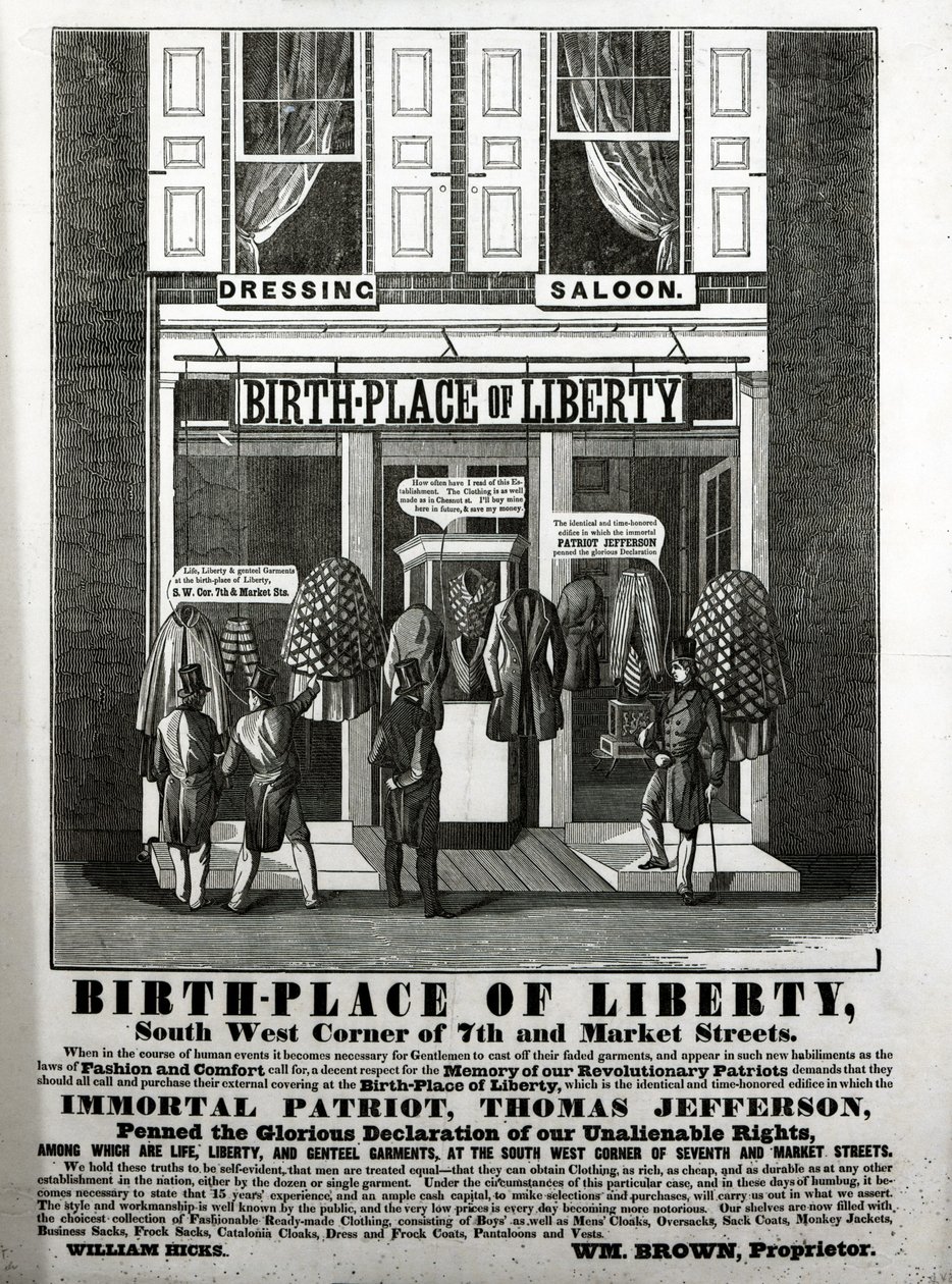 Birth-Place of Liberty Dressing Saloon, South West Corner of 7th and Market Streets... der den udødelige patrioten, Thomas Jefferson, skrev den strålende erklæringen om våre umistelige rettigheter..., ( av American School