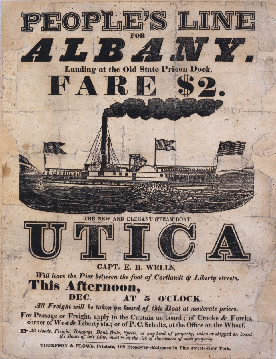 Bredsidereklame Peoples Line for Albany, The New and Elegant Steamboat Utica (boktrykkbredside) av American School